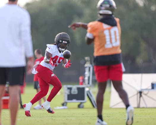 July 31, 2026: Tampa Bay Buccaneers running back Kadarius Calloway (49) catches a pass from quarterback Jalon Daniels (10) during training camp at AdventHeath Training Center in Tampa, FL. Taylor McFee CSM Tampa USA - ZUMAc04_ 20260731_zma_c04_035 Copyright: xTaylorxMcfeex