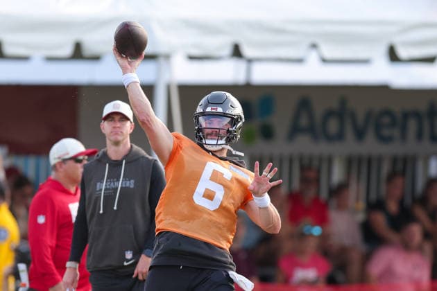 July 31, 2026: Tampa Bay Buccaneers quarterback Baker Mayfield (6) during training camp at AdventHeath Training Center in Tampa, FL. Taylor McFee CSM Tampa USA - ZUMAc04_ 20260731_zma_c04_070 Copyright: xTaylorxMcfeex