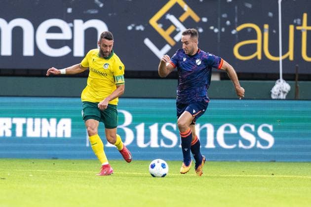 SITTARD , 31-07-2026 , Fortuna Sittard Stadium , pre season 2026 2027 , Dutch Eredivisie , football , friendly match between Fortuna Sittard and Apoel Nicosia , picture shows Apoel Nicosia player Angel Garcia Fortuna Sittard player Ivo Pinto Fortuan Sittard - Apoel Nicosia (friendly)  x205353375x Copyright: