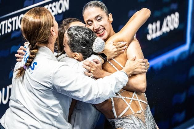 European Aquatics Championships Paris 2026 - Day One Anna Maria Alexandri and Eirini Marina Alexandri of Greece reacts after competing in the duet technical artistic swimming final event during the LEN European Aquatics Championships at the Olympic Aquatics Centre in Saint-Denis, northeastern suburbs of Paris, on July 31, 2026. Paris Paris Paris France Copyright: xxZsomborxCzomax