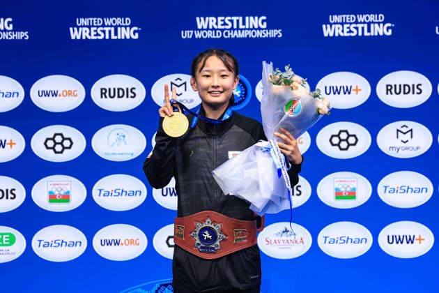 U17, U 17 Wrestling World Championships Podium 46kg WW - Gold: Kokona Makino (JPN) *** U17 Wrestling World Championships Podium: 46 kg WW Gold – Kokona Makino (JPN) Copyright: xUnitedxWorldxWrestlingx xAmirrezx UWW-U17-WC-BAKU-2026