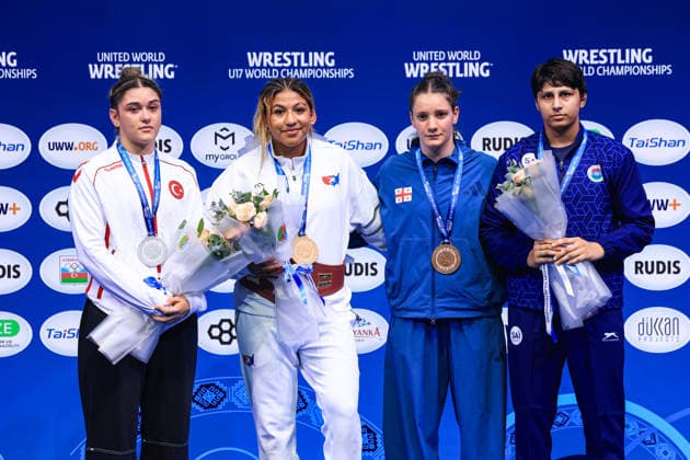 U17, U 17 Wrestling World Championships Podium 69kg WW - Gold: Taina Rose Fernandez (USA), Silver: Kiymet Rumeysa Tezcan (TUR), Bronze: Nino Samkharadze (GEO), Taniya Taniya (IND) *** U17 Wrestling World Championships Podium: 69 kg WW – Gold: Taina Rose Fernandez (USA); Silver: Kiymet Rumeysa Tezcan (TUR); Bronze: Nino Samkharadze (GEO); Taniya Taniya (IND) Copyright: xUnitedxWorldxWrestlingx xAmirrezx UWW-U17-WC-BAKU-2026