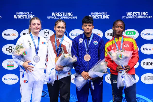 U17, U 17 Wrestling World Championships Podium 61kg WW - Gold: Ozdenur Ozmez (TUR), Silver: Landri Paige Von Gonten (USA), Bronze: Graciela Gaudencia Eningo Asama (ESP), Avanshika Avanshika (IND) *** U17 Wrestling World Championships Podium: 61 kg WW – Gold: Ozdenur Ozmez (TUR); Silver: Landri Paige Von Gonten (USA); Bronze: Graciela Gaudencia Eningo Asama (ESP); Avanshika Avanshika (IND) Copyright: xUnitedxWorldxWrestlingx xAmirrezx UWW-U17-WC-BAKU-2026