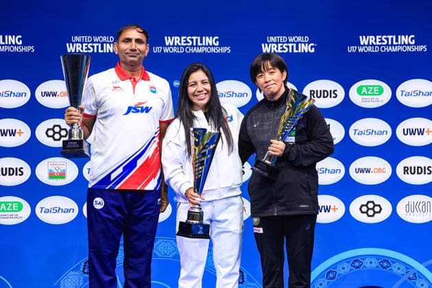 U17, U 17 Wrestling World Championships Podium Team WW - Gold: United States America, Silver: India, Bronze: Japan *** U17 Wrestling World Championships: Team WW Podium—Gold: United States, Silver: India, Bronze: Japan Copyright: xUnitedxWorldxWrestlingx xAmirrezx UWW-U17-WC-BAKU-2026