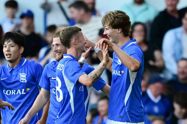 Birmingham City v Barcelona, Pre-Season Friendly GOAL Birmingham City forward August Priske (9) scores a goal and celebrates with Birmingham City forward Jay Stansfield (28) 1-0 during the Pre-Season Friendly match between Birmingham City and Barcelona at the St Andrew s @ Knighthead Park, Birmingham, UK on 31 July 2026. Birmingham St Andrew s @ Knighthead Park West Midlands UK Editorial use only , Copyright: xDennisxGoodwinx PSI-24614-0004