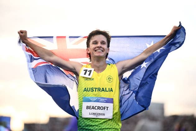 COM26 ATHLETICS, Australian race walker Isaac Beacroft celebrates after winning the Men s 10,000m Race Walk Final during the Glasgow 2026 Commonwealth Games at EDF Scotstoun Stadium in Glasgow, Scotland, Friday, July 31, 2026. ( NO ARCHIVING, EDITORIAL USE ONLY Glasgow Scotland United Kingdom  Copyright: xJOELxCARRETTx 20260801172807486681