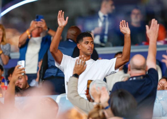 Birmingham, England, 31st July 2026. Jude Bellingham of Real Madrid acknowledges fans during the Birmingham City vs FC Barcelona, Barca Pre Season Friendly match at St Andrews, Birmingham. Picture credit should read: Cody Froggatt Sportimage EDITORIAL USE ONLY. No use with unauthorised audio, video, data, fixture lists, club league logos or live services. Online in-match use limited to 120 images, no video emulation. No use in betting, games or single club league player publications. SPI_009_CF_BIRMINGHAM_V_BARCA SPI-4887-0012