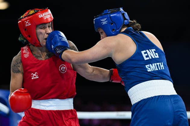 COM26 BOXING, Emma-Sue Greentree of Australia competes with Mary Kate Smith of England in the Women™s 75kg Semi-Final Bout of the Glasgow 2026 Commonwealth Games at SEC Centre in Glasgow, Scotland, Friday, July 31, 2026. ( NO ARCHIVING, EDITORIAL USE ONLY Glasgow Scotland United Kingdom  Copyright: xLUKASxCOCHx 20260801168583776951