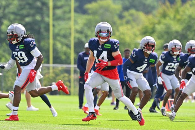 Jul 31, 2026; Foxborough, MA, USA; New England Patriots linebacker Robert Spillane (14) works out at training camp held at Gillette Stadium, in Foxborough, Massachusetts. CSM Foxborough USA - ZUMAc04_ 20260731_zma_c04_136 Copyright: xEricxCanhax