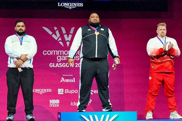 RECORD DATE NOT STATED Weightlifter Lovepreet Singh Wins Silver in the Men s +110 kg Event at CWG 2026 Glasgow Scotland , Jul 31 (ANI): India s Lovepreet Singh (L), New Zealand s David Liti (C) and England s Andrew Griffiths pose for a picture at the podium with their Silver, Gold and Bronze medals, respectively, after the men s +110kg weightlifting event, in Glasgow on Friday. Glasgow Scotland Copyright: xANIx ANI_20260731411