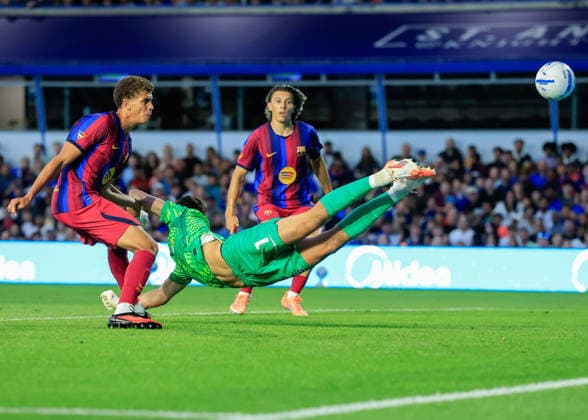 Birmingham, England, 31st July 2026. Hamza Abdelkarim of FC Barcelona, Barca scores their sides second goal during the Birmingham City vs FC Barcelona Pre Season Friendly match at St Andrews, Birmingham. Picture credit should read: Cody Froggatt Sportimage EDITORIAL USE ONLY. No use with unauthorised audio, video, data, fixture lists, club league logos or live services. Online in-match use limited to 120 images, no video emulation. No use in betting, games or single club league player publications. SPI_022_CF_BIRMINGHAM_V_BARCA SPI-4887-0021