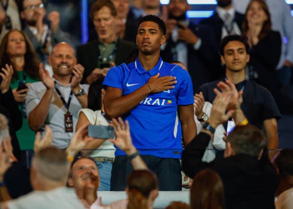 Birmingham, England, 31st July 2026. Jude Bellingham of Real Madrid acknowledges fans following the Birmingham City vs FC Barcelona, Barca Pre Season Friendly match at St Andrews, Birmingham. Picture credit should read: Cody Froggatt Sportimage EDITORIAL USE ONLY. No use with unauthorised audio, video, data, fixture lists, club league logos or live services. Online in-match use limited to 120 images, no video emulation. No use in betting, games or single club league player publications. SPI_031_CF_BIRMINGHAM_V_BARCA SPI-4887-0030