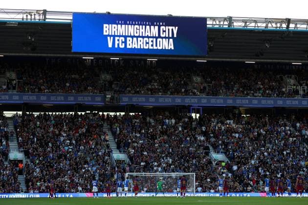 The big screen shows the fixture of Birmingham City v Barcelona Brimingham City v FC Barcelona, Barca Pre Season Friendly, Football, St Andrew s at Knighthead Park, Birmingham, UK - 31 Jul 2026Birmingham St Andrew s at Knighthead Park United Kingdom EDITORIAL USE ONLY No use with unauthorised audio, video, data, fixture lists, club league logos or live services. Online in-match use limited to 120 images, no video emulation. No use in betting, games or single club league player publications.  Copyright: xKieranxMcManus Shutterstockx 17024229aw