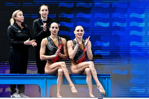 Maiia Doroshko and Aleksandra Shmidt Neutral Athletes B react after competing in the artistic swimming Duet Tech Final with the coaches during the European Aquatics Championships at the Olympic Aquatic Center in Paris (France), July 31, 2026. Andrea Masini Deepbluemedia Insidefoto
