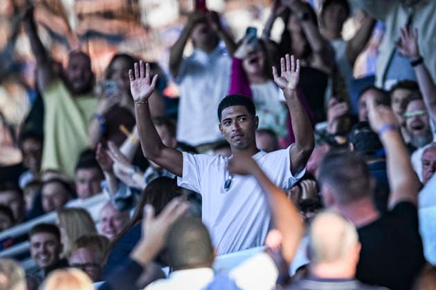 RECORD DATE NOT STATED 31st July 2026; St Andrews, Birmingham, West Midlands, England; Friendly Football, Birmingham City versus Barcelona; Real Madrid and former Birmingham City player Jude Bellingham takes the applause from the home fans GodfreyxPitt