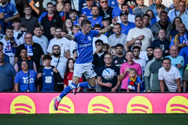 RECORD DATE NOT STATED 31st July 2026; St Andrews, Birmingham, West Midlands, England; Friendly Football, Birmingham City versus Barcelona; Jay Stansfield of Birmingham City controls a high ball GodfreyxPitt