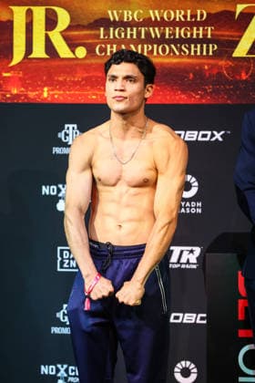 July 31, 2026: Junior Lightweight Gael Cabrera on stage during weigh-ins for the Roach Jr. vs Zepeda event at the Skybox Lounge inside the Virgin Hotels on July 31, 2026 in Las Vegas, NV. CSM. Las Vegas United States of America - ZUMAc04_ 20260731_zma_c04_217 Copyright: xChristopherxTrimx