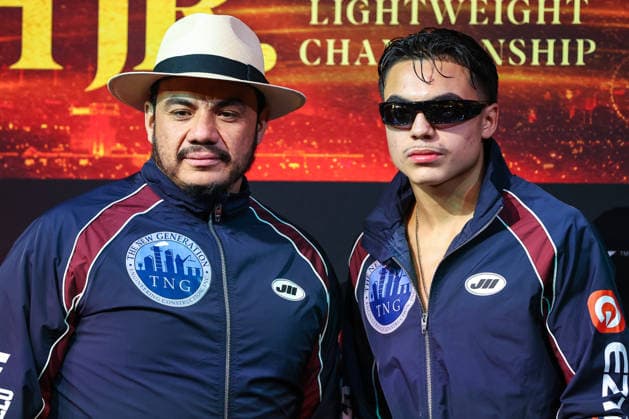 July 31, 2026: (L-R) Jorge Capetillo and son Dylan Capetillo on stage during weigh-ins for the Roach Jr. vs Zepeda event at the Skybox Lounge inside the Virgin Hotels on July 31, 2026 in Las Vegas, NV. CSM. Las Vegas United States of America - ZUMAc04_ 20260731_zma_c04_227 Copyright: xChristopherxTrimx