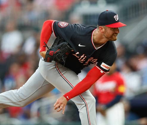 Pitcher Foster Griffin 22 of the Washington Nationals throws a pitch in the third inning against the Atlanta Braves at Truist Park on Friday, July 31, 2026 in Atlanta, Georgia.  ATL20260731106 MikexZarrilli