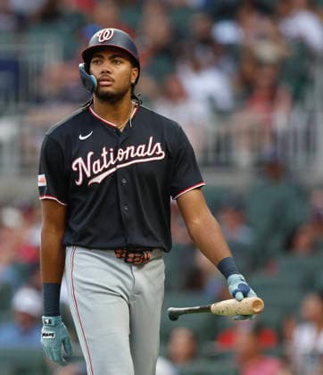 Designated hitter James Wood 29 of the Washington Nationals walks back the dugout after striking out in the third inning against the Atlanta Braves at Truist Park on Friday, July 31, 2026 in Atlanta, Georgia.  ATL20260731109 MikexZarrilli