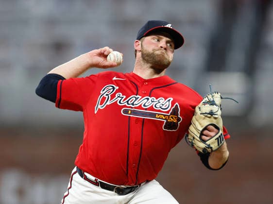Pitcher Bryce Elder 55 of the Atlanta Braves throws a pitch in the fifth inning against the Washington Nationals at Truist Park on Friday, July 31, 2026 in Atlanta, Georgia.  ATL20260731116 MikexZarrilli
