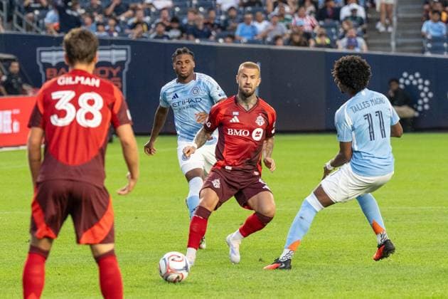July 31, 2026, Bronx, New York, USA: Niklas Dorsch (6) of Toronto FC passes the ball during Regular Season game between NYCFC and Toronto FC at Yankee stadium in New York, NY on July 31, 2026. Game ended in draw 1 - 1. Bronx USA - ZUMAr339 20260731_znp_r339_026 Copyright: xLevxRadinx