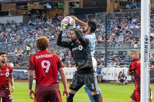 July 31, 2026, Bronx, New York, USA: Goalkeeper Luka Gavran (1) of Toronto FC saves during Regular Season game between NYCFC and Toronto FC at Yankee stadium in New York, NY on July 31, 2026. Game ended in draw 1 - 1. Bronx USA - ZUMAr339 20260731_znp_r339_029 Copyright: xLevxRadinx