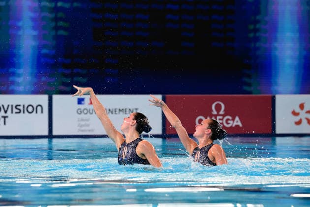 European Swimming Championships 2026 - synchronized swimming, Synchronschwimmen Duet - Saint Denis Lilou Lluis Valette and Iris Tio Casas from Spain during the European Swimming Championships synchronized swimming duet at the Aquatic Olympic Center in Saint Denis, near Paris, Frannce on July 31, 2026. Photo by Tomas Stevens ABACAPRESS.COM Saint-Denis France  Copyright: xStevensxTomas ABACAx