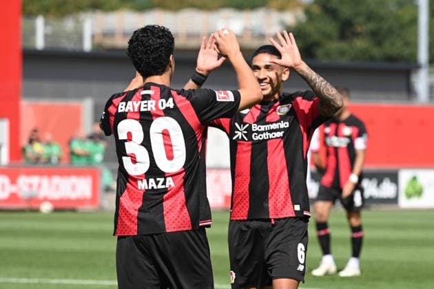 Ibrahim MAZA (LEV) Jubel, jubeln, Freude, cheers, nach seinem Tor zum 1-0 mit Ezequiel FERNANDEZ (LEV) Fussball 1. Bundesliga, Testspiel, testmatch, friendly match, Freundschaftsspiel, Bayer Leverkusen (LEV) - Rot Weiss Essen am 01.08.2026 in Leverkusen Deutschland. DFL regulations prohibit any use of photographs as image sequences and or quasi-video Â *** Ibrahim MAZA LEV Celebrating, cheering, joy, cheers, after his goal to make it 1–0 with Ezequiel FERNANDEZ LEV Soccer 1 Bundesliga, Testspiel, testmatch, friendly match, Freundschaftsspiel, Bayer Leverkusen LEV vs. Rot Weiss Essen on August 1, 2026, in Leverkusen, Germany. DFL regulations prohibit any use of photographs as image sequences and or quasi-video.