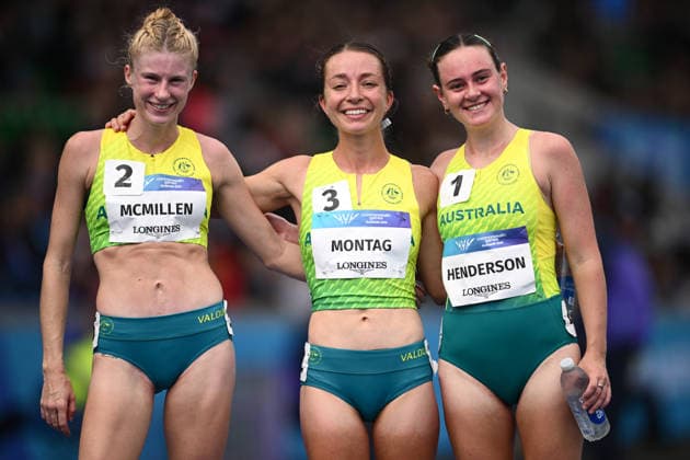 COM26 ATHLETICS, (L-R) Elizabeth McMillen, Jemima Montag, and Rebecca Henderson of Australia celebrate following the Women s 10,000m Race Walk Final during the Glasgow 2026 Commonwealth Games at Scotstoun Stadium in Glasgow, Scotland, Saturday, August 1, 2026. ( NO ARCHIVING, EDITORIAL USE ONLY Glasgow United Kingdom  Copyright: xJOELxCARRETTx 20260801164982530684