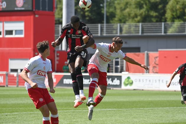Christian KOFANE (LEV) Kopfballduell, Aktion, Zweikampf, gegen Luca BAZZOLI (RWE) Fussball 1. Bundesliga, Testspiel, testmatch, friendly match, Freundschaftsspiel, Bayer Leverkusen (LEV) - Rot Weiss Essen 3-0, am 01.08.2026 in Leverkusen Deutschland. DFL regulations prohibit any use of photographs as image sequences and or quasi-video Â *** Christian KOFANE (LEV) Heading duel, action, tackle, against Luca BAZZOLI (RWE) Soccer, 1. Bundesliga, Testspiel, testmatch, friendly match, Bayer Leverkusen LEV Red-White Essen 3–0, on August 1, 2026, in Leverkusen, Germany. DFL regulations prohibit any use of photographs as image sequences and or quasi-video.