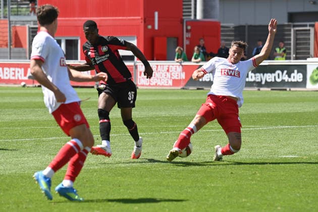 Christian KOFANE (LEV) gegen Luca BAZZOLI (RWE) Aktion, Zweikampf, Fussball 1. Bundesliga, Testspiel, testmatch, friendly match, Freundschaftsspiel, Bayer Leverkusen (LEV) - Rot Weiss Essen 3-0, am 01.08.2026 in Leverkusen Deutschland. DFL regulations prohibit any use of photographs as image sequences and or quasi-video Â *** Christian KOFANE (LEV) vs. Luca BAZZOLI (RWE) Action, Tackle, Soccer 1. Bundesliga, Friendly Match, testmatch, friendly match, Bayer Leverkusen LEV vs. Rot Weiss Essen 3–0, on August 1, 2026, in Leverkusen, Germany. DFL regulations prohibit any use of photographs as image sequences and or quasi-video.