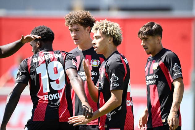 Montrell CULBREATH (LEV) Jubel, jubeln, Freude, cheers, nach seinem Tor zum 3-0, links Ernest POKU (LEV) Fussball 1. Bundesliga, Testspiel, testmatch, friendly match, Freundschaftsspiel, Bayer Leverkusen (LEV) - Rot Weiss Essen 3-0, am 01.08.2026 in Leverkusen Deutschland. DFL regulations prohibit any use of photographs as image sequences and or quasi-video Â *** Montrell CULBREATH (LEV) celebrating, cheering, joy, after his goal to make it 3–0; on the left, Ernest POKU (LEV). Soccer, 1. Bundesliga, friendly match, Bayer Leverkusen LEV vs. Rot-Weiss Essen 3–0, on August 1, 2026, in Leverkusen, Germany. DFL regulations prohibit any use of photographs as image sequences and or quasi-video.
