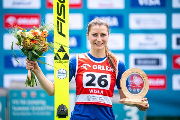 Wisla 01.08.2026 Ski jumping, Skispringen, Ski, nordisch FIS Summer Grand Prix 2026 on Adam Malysz Wisla Malinka Hill. Day 1. Women s indivudual competition. --- Skoki Narciarskie. FIS Letnie Grand Prix 2026 na Skoczni im. Adama Malysza w Wisle Malince. Dzien 1. Konkurs Indywidualny Kobiet Persons shown : Josephine Pagnier Fot. Kai Taller Arena Akcji NEWSPIX.PL --- newspix.pl POLAND OUT! 