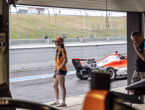 Ella Hakkinen, the daughter of former Finnish race car driver and Formula 1 driver Mika Hakkinen and his wife Marketa, at the pit area in Most, where she will compete in Formula 4, on August 1, 2026. Snapshots from the afternoon before the race. (CTKxPhoto VojtechxHajek) CTKPhotoF202608010001901  CTKPhotoF202608010001901