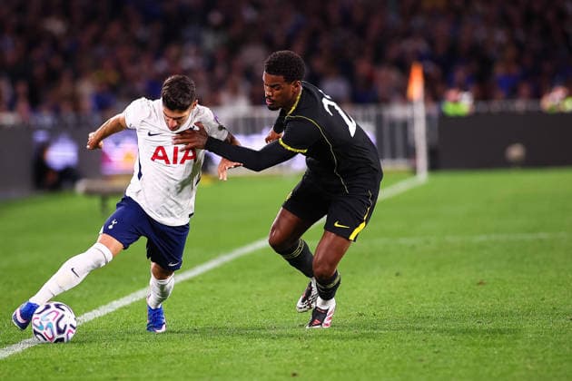 1st August 2026, Accor Stadium, Sydney, New South Wales, Australia; Friendly Football, Chelsea versus Tottenham Hotspur; Jorrel Hato of Chelsea FC holds back Manor Solomon of Tottenham Hotspur KevinxManning