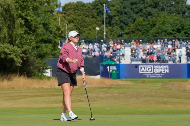 LYTHAM, ENGLAND - AUGUST 1: Maja Stark (SWE) after holing a birdie putt on the first green during Round 3 at the 50th AIG Women™s Open Championship at the Royal Lytham and St Anne™s Golf Club, Lytham on August 1, 2026 in Lancashire, England The 50th AIG Women™s Open Championship