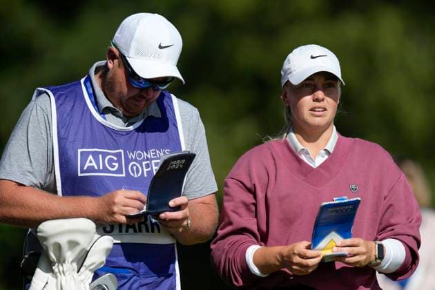 LYTHAM, ENGLAND - AUGUST 1: Maja Stark (SWE) from checks her yardage on the 2nd tee during Round 3 at the 50th AIG Women™s Open Championship at the Royal Lytham and St Anne™s Golf Club, Lytham on August 1, 2026 in Lancashire, England The 50th AIG Women™s Open Championship