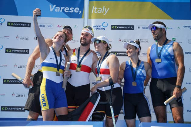 1st August 2026; Lake Varese, Varese, Lombardy, Italy; 2026 European Rowing Championships, Day Two; the medal ceremony, PR2 Mixed Double Sculls (PR2 Mix2x), Ukraine takes a selfie with Germany and Israel AnthonyxBenoit
