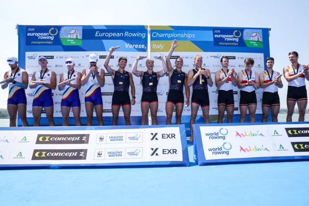 1st August 2026; Lake Varese, Varese, Lombardy, Italy; 2026 European Rowing Championships, Day Two; the medal ceremony, Men& x2019;s Four (M4-), Romania silver medallists, Great Britain gold medallists and Germany bronze medallists AnthonyxBenoit