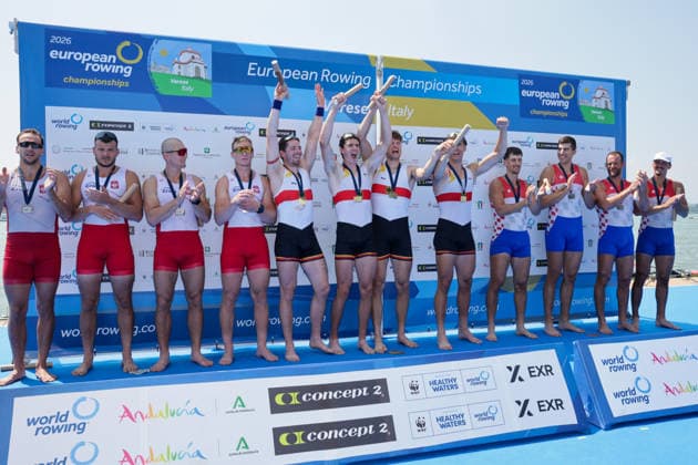 1st August 2026; Lake Varese, Varese, Lombardy, Italy; 2026 European Rowing Championships, Day Two; Men& x2019;s Quadruple Sculls (M4x), Poland silver medallists, Germany gold medallists and Croatia bronze medallists AnthonyxBenoit