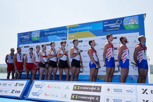 1st August 2026; Lake Varese, Varese, Lombardy, Italy; 2026 European Rowing Championships, Day Two; Men& x2019;s Quadruple Sculls (M4x), Poland silver medallists, Germany gold medallists and Croatia bronze medallists AnthonyxBenoit