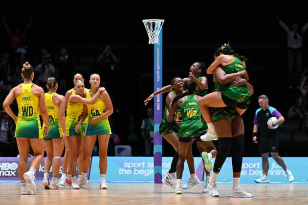 COM26 NETBALL, Team Jamaica celebrates winning the Semi-Final match between Australia and Jamaica of the Glasgow 2026 Commonwealth Games at The Hydro in Glasgow, Scotland, Wednesday, August 1, 2026. ( NO ARCHIVING, EDITORIAL USE ONLY Glasgow Scotland United Kingdom  Copyright: xLUKASxCOCHx 20260801143121838249