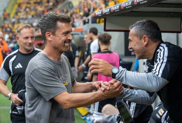Fußball, Herren, Saison 2026 2027, Testspiel, Dynamo Dresden - 1. FC Union Berlin, v. l. Trainer Mauro Lustrinelli (1. FC Union Berlin), Trainer Thomas Stamm (Dynamo Dresden), Co-Trainer Sascha Stauch (1. FC Union), 01.08. 2026, *** Soccer, Men s, 2026–2027 Season, Friendly Match, Dynamo Dresden vs. 1. FC Union Berlin; from left: Coach Mauro Lustrinelli (1. FC Union Berlin), Coach Thomas Stamm (Dynamo Dresden), Assistant Coach Sascha Stauch (1. FC Union), August 1, 2026, Copyright: xMatthiasxKochx