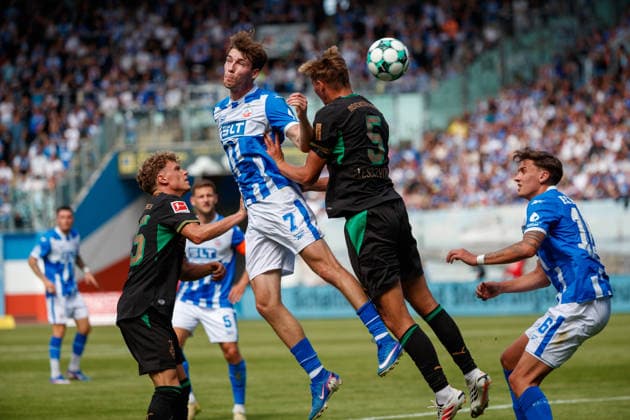 v.l. Robin Hack (Gladbach), Bernie Lennemann (Rostock) , Jan Leszczynski (Gladbach) und Lukas Wallner (Rostock) ; GER, FC Hansa Rostock vs. Borussia Mönchengladbach, Fußball, Männer, Testspiel, Spielzeit 2026 2027, 01.08.2026 Rostock Ostseestadion Mecklenburg - Vorpommern Deutschland *** From left: Robin Hack (Gladbach), Bernie Lennemann (Rostock), Jan Leszczynski (Gladbach), and Lukas Wallner (Rostock) GER, FC Hansa Rostock vs. Borussia Mönchengladbach, Soccer, Men, Friendly, 2026–2027 Season, August 1, 2026, Rostock Ostseestadion, Mecklenburg-Western Pomerania, Germany