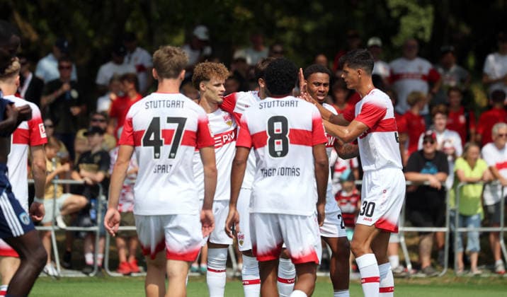 01.08.26 VfB Stuttgart - Paris FC Deutschland, Stuttgart, 01.08.2026, Fussball, Bundesliga, Saison 2026 2027, Testspiel, VfB Stuttgart - Paris FC: Lazar Jovanovic (VfB Stuttgart); Jubel Tor 1:0 Jovanovic. *** August 1, 2026, VfB Stuttgart vs. Paris FC, Germany, Stuttgart, August 1, 2026, Soccer, Bundesliga, 2026–2027 season, Friendly match, VfB Stuttgart vs. Paris FC, Lazar Jovanovic, VfB Stuttgart, celebration, goal, 1–0, Jovanovic
