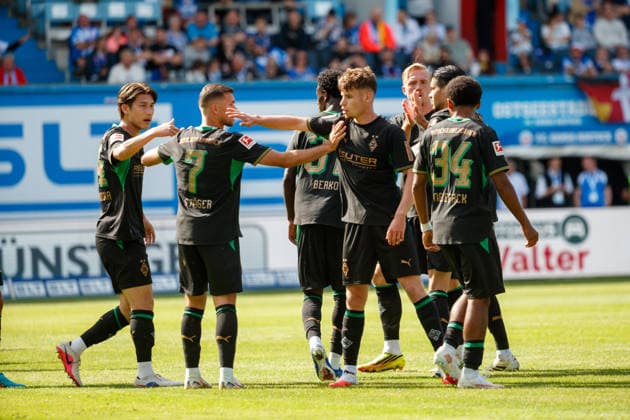 Torjubel 0:2 Torschütze Nr.7 Kevin Stöger (Gladbach) ; GER, FC Hansa Rostock vs. Borussia Mönchengladbach, Fußball, Männer, Testspiel, Spielzeit 2026 2027, 01.08.2026 Rostock Ostseestadion Mecklenburg - Vorpommern Deutschland *** Goal celebration 0-2, Goal Scorer No. 7 Kevin Stöger (Gladbach, GER), FC Hansa Rostock vs. Borussia Mönchengladbach, Soccer, Men, Friendly Match, 2026–2027 Season, August 1, 2026, Rostock Ostseestadion, Mecklenburg-Western Pomerania, Germany