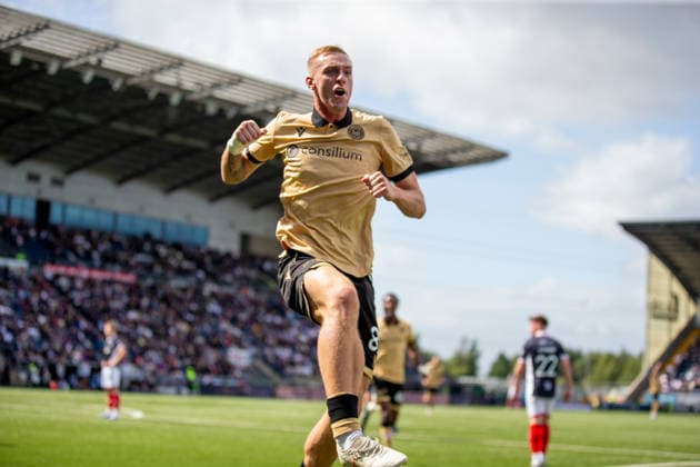 RECORD DATE NOT STATED 1st August 2026; The Falkirk Stadium, Falkirk, Scotland: Scottish Premiership Football, Falkirk versus St Mirren; Killian Phillips of St Mirren celebrates after he shoots and scores to make it 1-0 to St Mirren in the 11th minute VagelisxGeorgariou