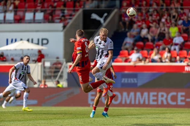 Kopfballduellduell Lars Lokotsch (FC Ingolstadt 04, 13) Patrick Mainka (1.FC Heidenheim, 06), GER, 1. FC Heidenheim vs. FC Ingolstadt, Fußball, Max-Liebhaber-Pokal, 2026 2027, 01.08.2026, DFL DFB REGULATIONS PROHIBIT ANY USE OF PHOTOGRAPHS AS IMAGE SEQUENCES AND OR QUASI-VIDEO, GER, 1. FC Heidenheim vs. FC Ingolstadt, Fußball, Max-Liebhaber-Pokal, 2026 2027, 01.08.2026 Heidenheim *** Heading duel: Lars Lokotsch (FC Ingolstadt 04), 13; Patrick Mainka (1 FC Heidenheim), 06, GER, 1 FC Heidenheim vs. FC Ingolstadt, Soccer, Max Liebhaber Cup, 2026–2027, August 1, 2026, DFL and DFB regulations prohibit any use of photographs as image sequences and or quasi-video, GER, 1 FC Heidenheim vs. FC Ingolstadt, Soccer, Max Liebhaber Cup, 2026–2027, August 1, 2026, Heidenheim Copyright: xEibner-Pressefoto JanixPlessx EP_JPL