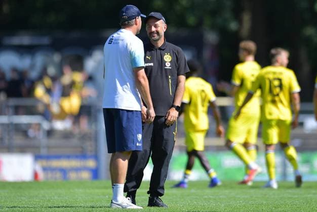 VfL Bochum U21, U 21 - Borussia Dortmund U23 ** NUR FÜR REDAKTIONELLE ZWECKE ** EDITORIAL USE ONLY **<p>Fußball Regionalliga West 1. SPIELTAG: VfL Bochum U21 - Borussia Dortmund U23 am 01.08.2026 in der Mondpalast-Arena in Herne Heiko Butscher ( Trainer VfL Bochum U21 ), links - Daniel Rios ( Trainer Borussia Dortmund U23 ), rechts Deutschland Nordrhein Westfalen Herne Copyright: ThorstenxTillmann *** VfL Bochum U21 vs. Borussia Dortmund U23 ** FOR EDITORIAL USE ONLY ** EDITORIAL USE ONLY ** p Soccer Regionalliga West 1 Matchday VfL Bochum U21 vs. Borussia Dortmund U23 on August 1, 2026, at the Mondpalast Arena in Herne Heiko Butscher, coach of VfL Bochum U21, on the left: Daniel Rios, coach of Borussia Dortmund U23; on the right: Herne, North Rhine-Westphalia, Germany. Copyright ThorstenxTillmann Copyright: ThorstenxTillmann doc86yz5n4r6vd1m9tvhbsa ,EDITORIAL USE ONLY